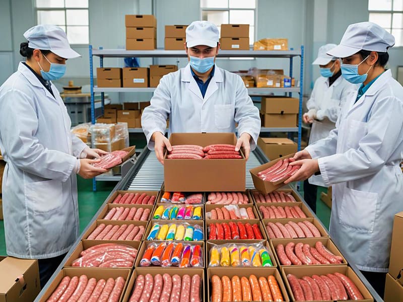 Фасовка колбасы в гофрокоробки Картинка колбасу и мясные продуктыупаковывают в коробки из гофрокартона